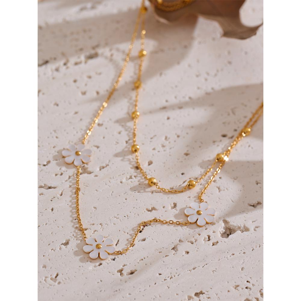 Yhpup Exquisite Natural Shell Flower Double Layer Chain Overlay Necklace 18K Golden Plated Stainless Steel Fashion Jewelry Gift