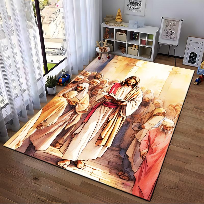 Religious Scene with Figures Reading - Non-slip rug suitable for living room and bedroom sofas."
