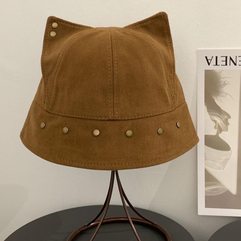 Pălărie tip găleată drăguță și amuzantă cu urechi de pisică  Vintage cu nituri Versatilă Casual Pălărie tip găleată
