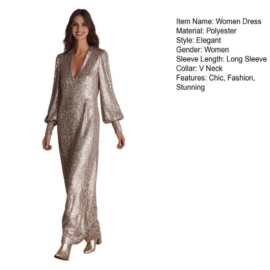 Women's Sexy Long Sleeve Sparkly Maxi Dress Deep V Neck High Slit Formal Gown Glitter Party Cocktail Long Dress