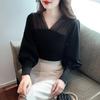 Mesh Verstärktes V-ausschnitt Strickwaren Top frauen Herbst Winter Temperament Langarm Pullover Mode Einfarbig Bodenbildung Bluse