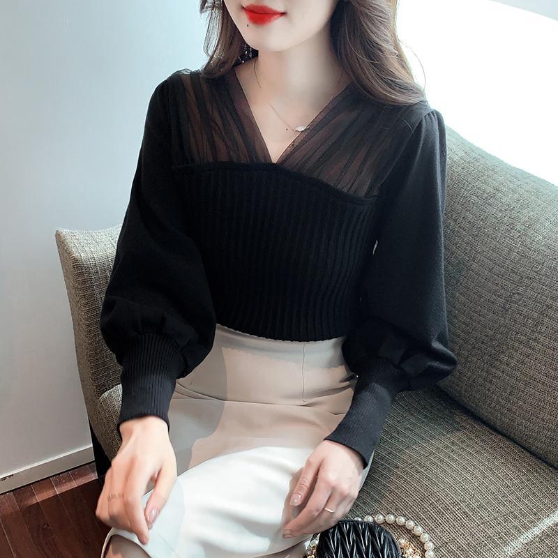 Síťovaná pletenina s výstřihem do V Top Dámské Podzim Zima Temperament Svetr s dlouhým rukávem Móda Jednobarevná Halenka