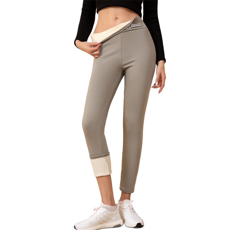 Fleece Lined Thick Sherpa Leggings Women Letter Embroidery Slim Fit Outdoor Wear Ankle Pants Warm Trousers