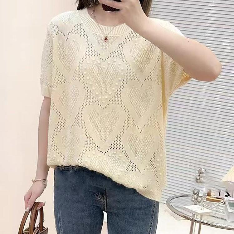 

Versatile Women s 2026 Fashion Hollow Out Round Neck Loose Knitwear - Slimming Summer Short Sleeve New Arrival One Size (Recommended for 90-140 jin) бежевый