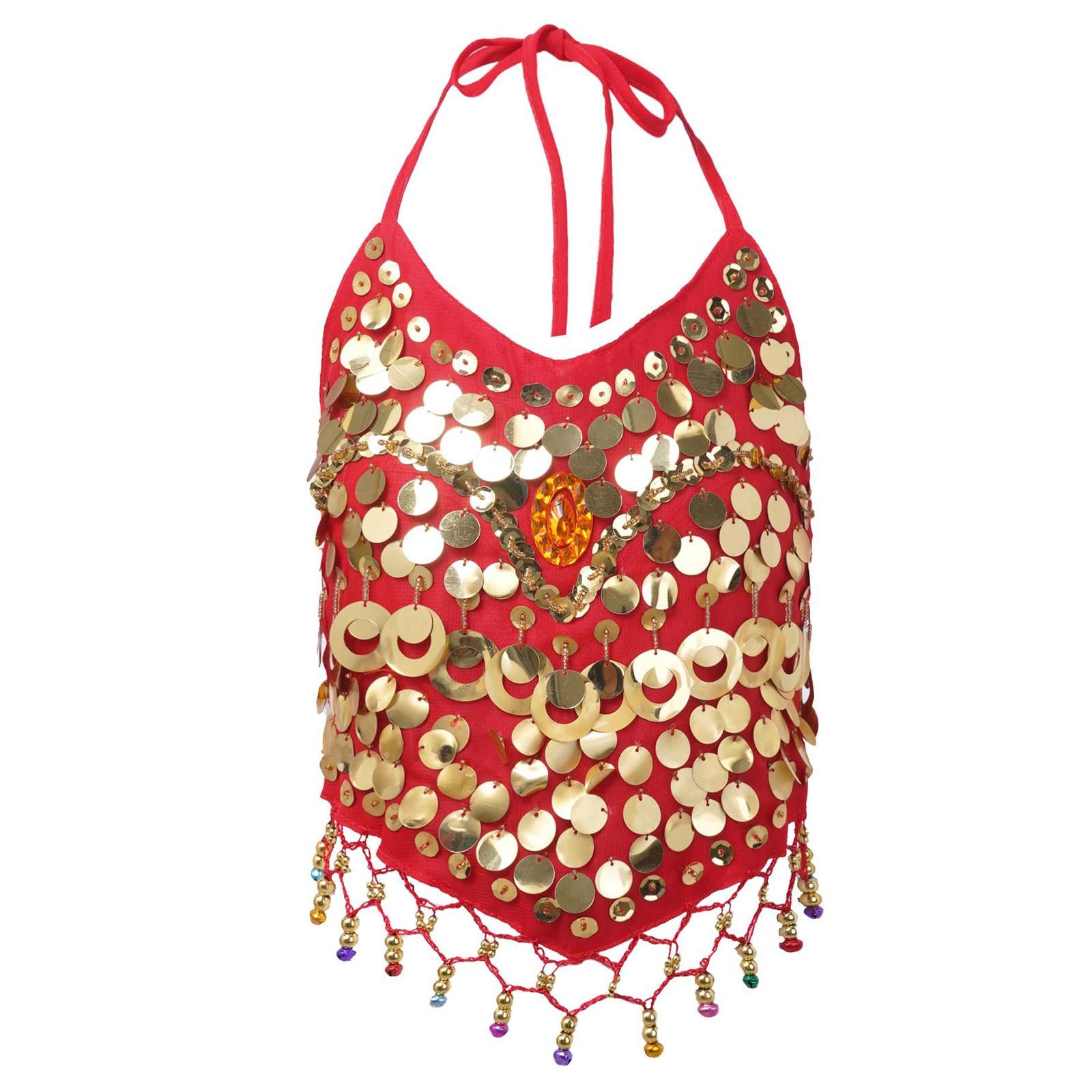 

Дитячий топ для танцю живота без рукавів, без рукавів, без рукавів, без рукавів, без спинки, блискітками, дзвіночками, декором з китицями. 4-12 Years червоний