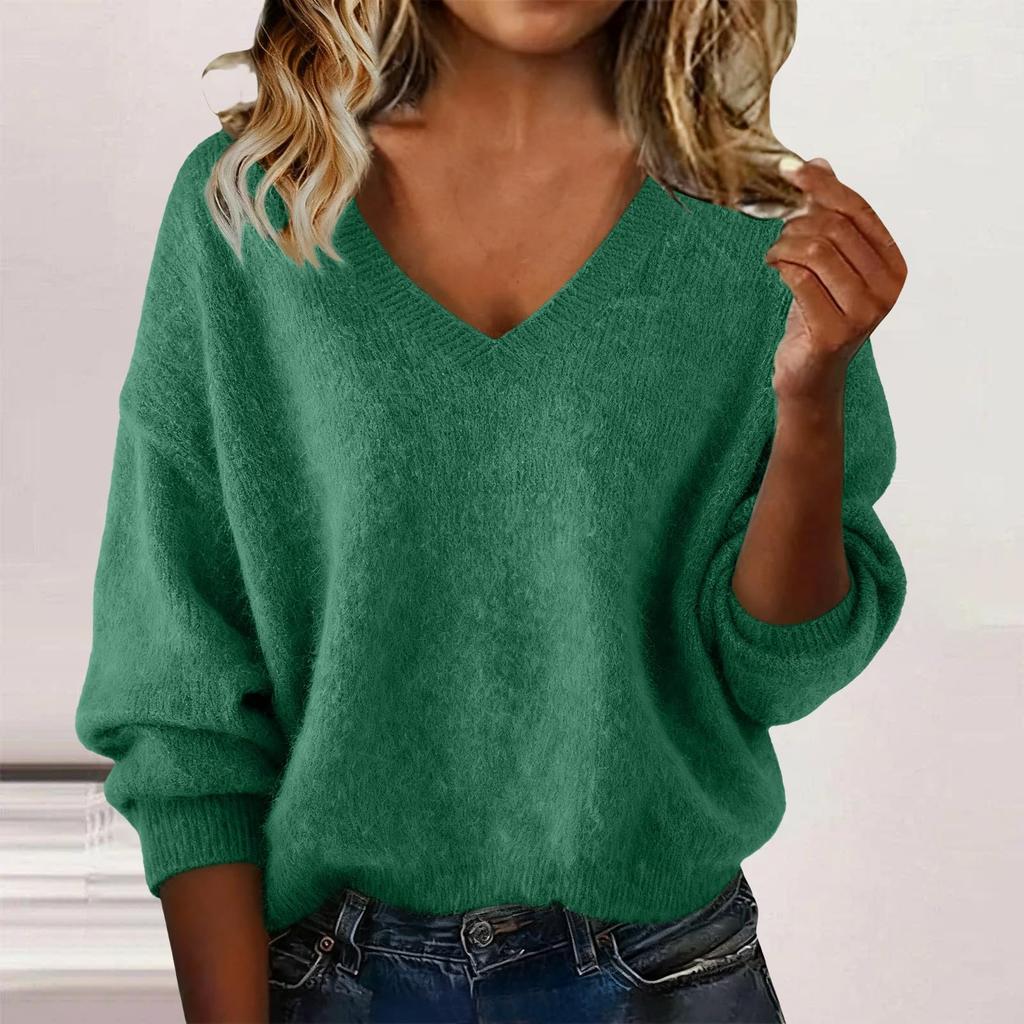 Women's Fashionable Casual Knitted Top Loose-Fit Solid-Colour Long-Sleeved Jumper