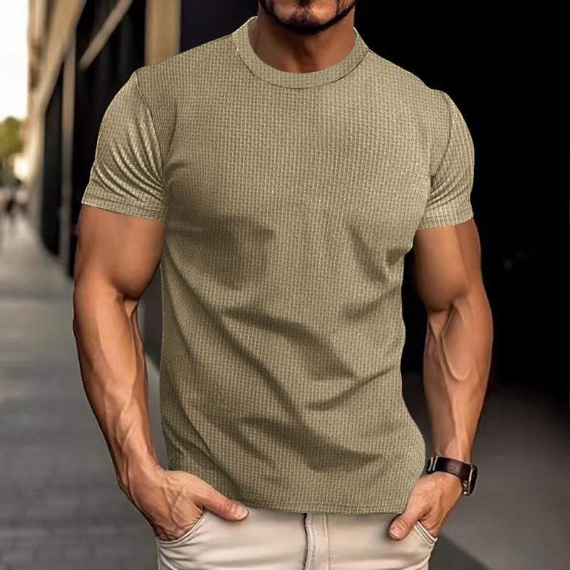 Men Waffle Knit T Shirt Crew Neck Short Sleeve Solid Color Slim Fit Casual Breathable Top