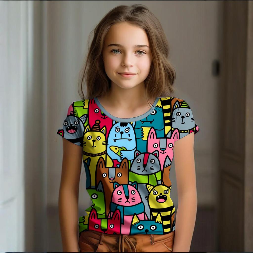 Girl Clothes Summer Cartoon Cat Graphic Children's Clothing Kids Art Doodling Short Sleeve T Shirt Causal O-Neck Children Top
