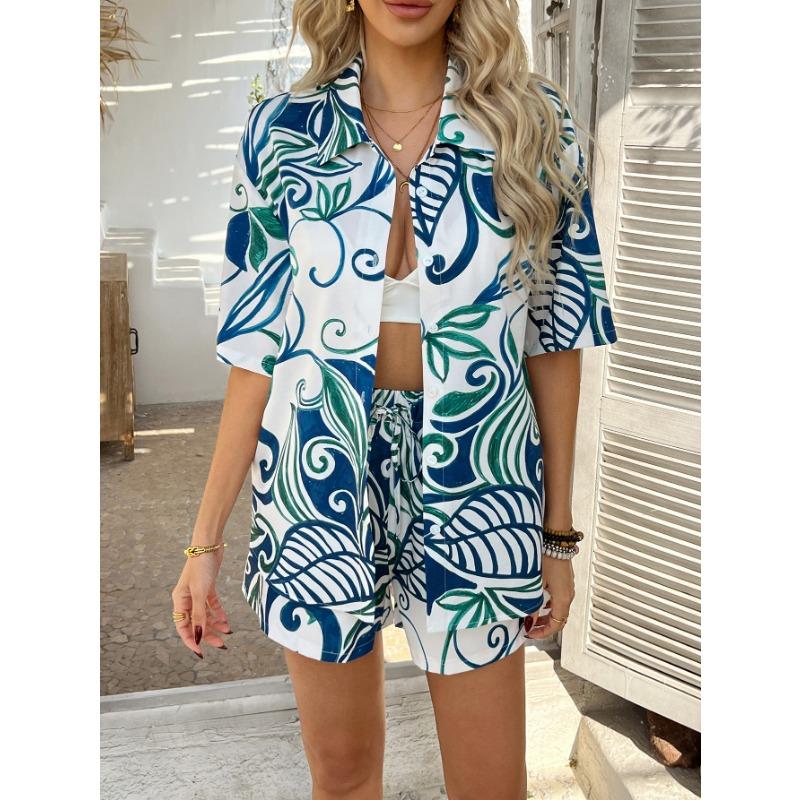 Women Fashion Casual Vacation Printed Short Sleeve Shirt And Shorts Set
