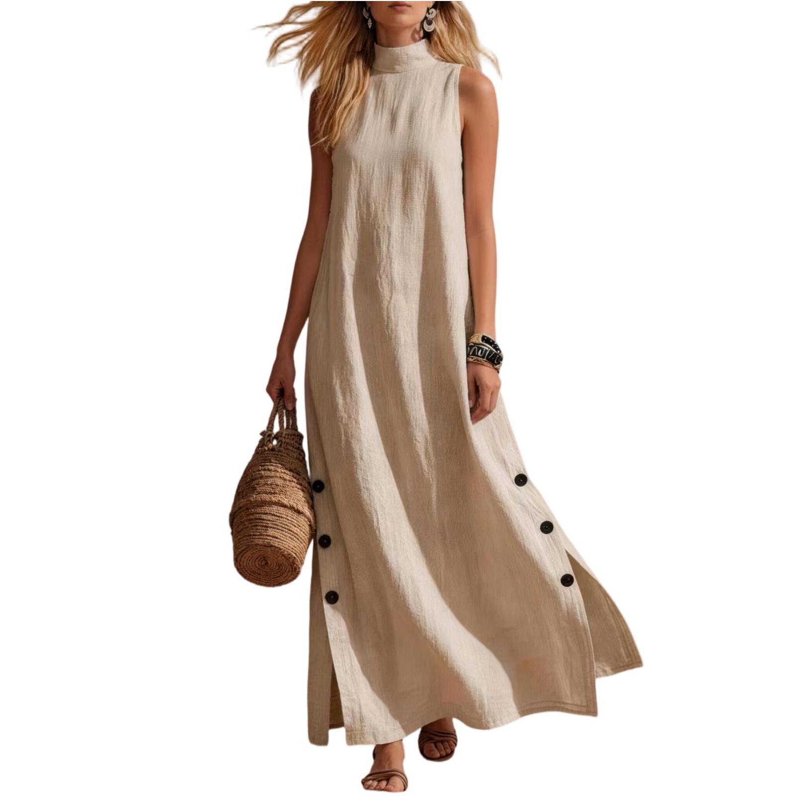 

Fashionable Women s Seaside Vacation Casual Color Cotton And Linen Sleeveless Side Slit Medium Length Dress XL бежевый