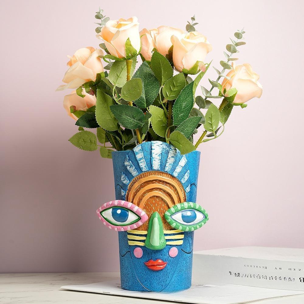 Resin Abstract Art Painted Flower Pot Colorful Figures Facial Sculptures Human Face Flower Pots Maya Statue Home Decoration