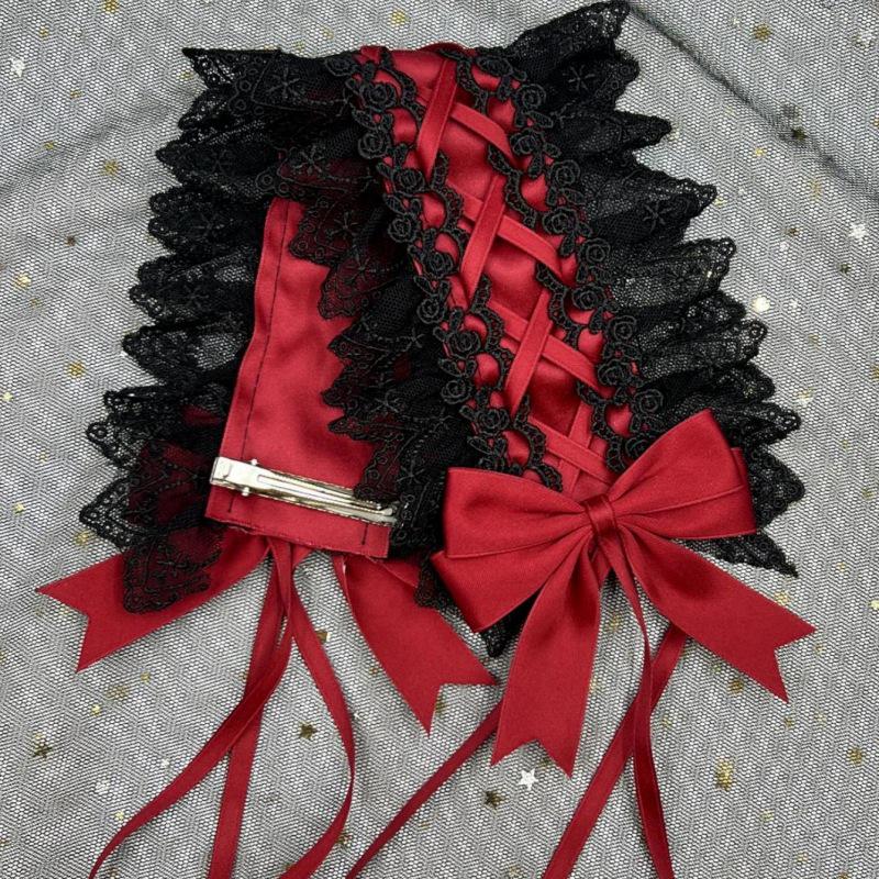 Gothic Lolita Spitzen Schleifen Stirnband - Schwarz Rot Dienstmädchen Haaraccessoire