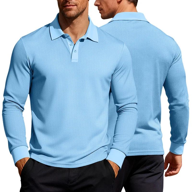 Spring Autumn Long Sleeve Lapel Polo Shirt Men Casual Button Collar Holiday Wear Men's Waffle T-Shirt Fashionable Polos