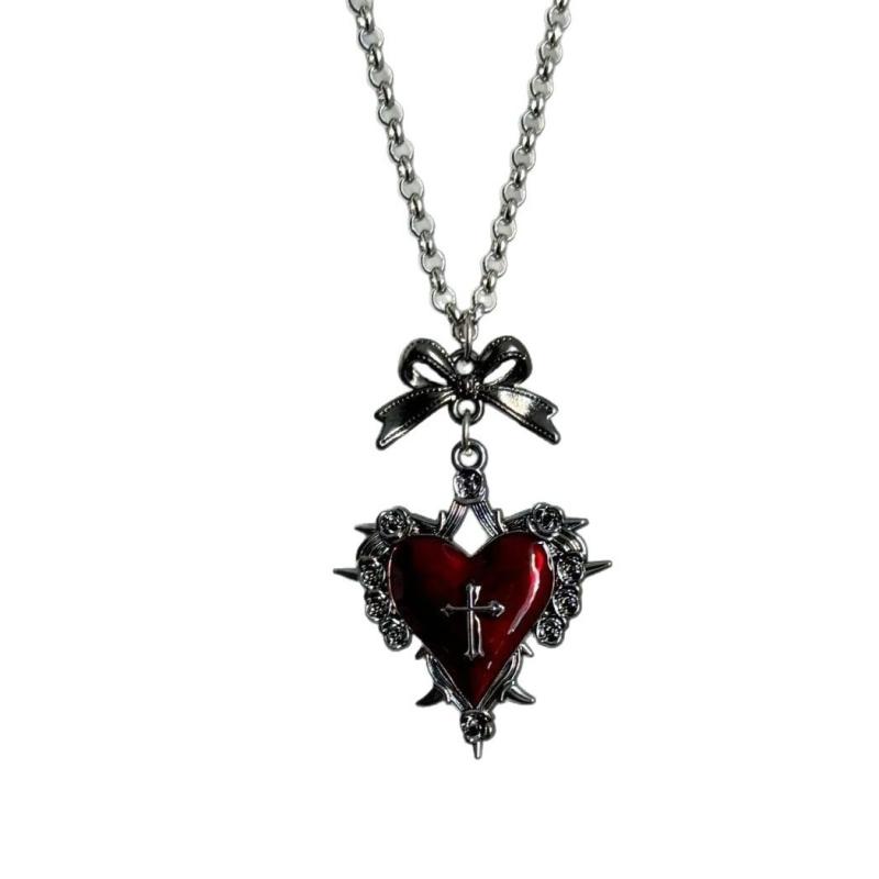 Y2K Bow Cross Heart Necklace For Girls Gothic Jewelry Vintage Accessories Rose Goth Collares Chain For Women Man Punk Necklace