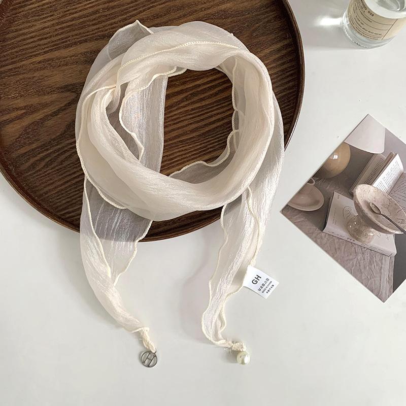 Long silk scarf, women's versatile handmade pendant, tulle scarf, neck protection, decorative neck, solid color, high-end scarf, scarf.