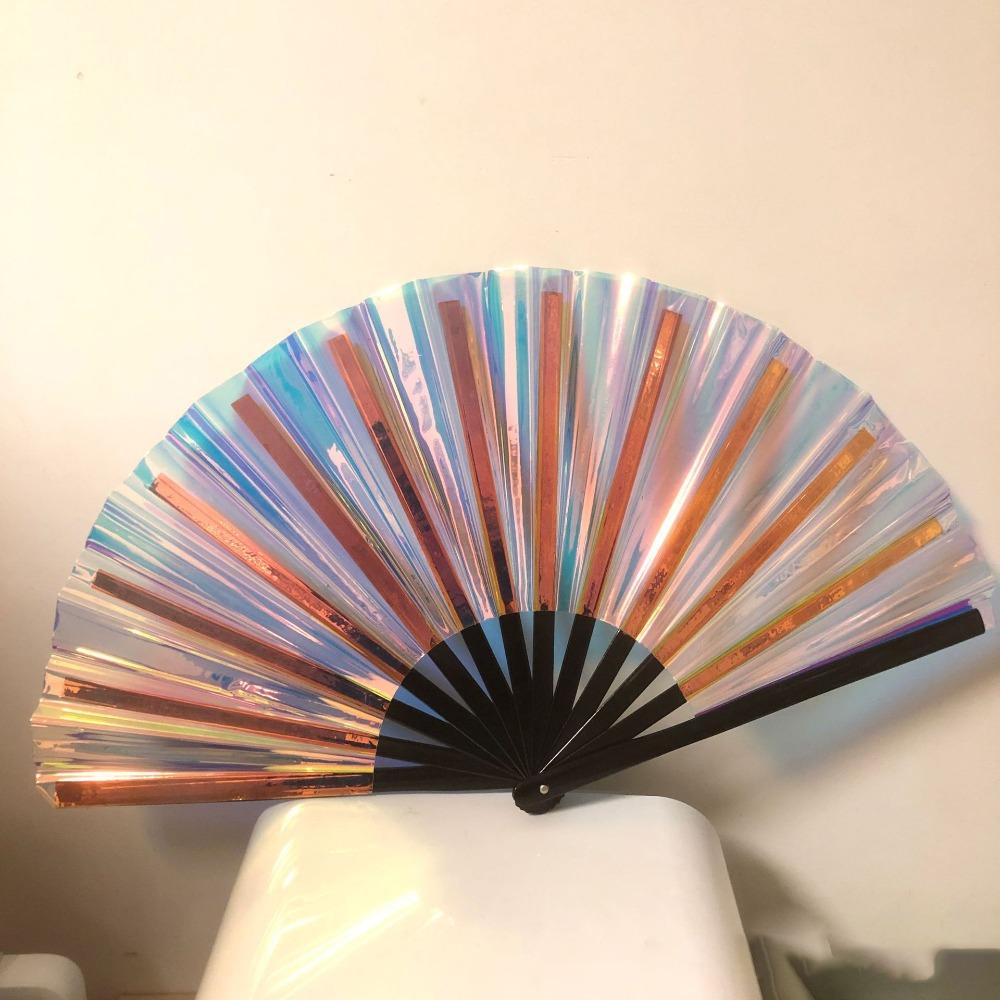 Bamboo Handle Laser Colors Hand Fan PVC Tai Chi Fan Reflective Dancing Fan  Disco