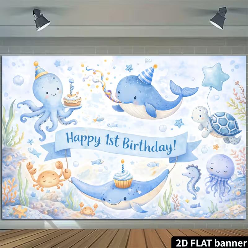 2D Watercolor Ocean Animals 1st Birthday Backdrop Underwater Party Supplies