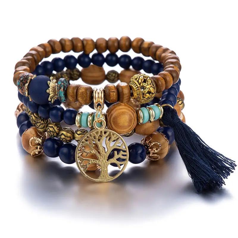 4ks/sada Boho dřevěný korálkový náramek sada pro ženy Tree Of Life Bílé střapce Charm Pružný řetízek Náramek Lady Bohemia Jewelry