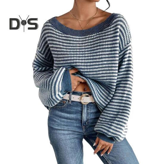 Damen-Pullover, schulterfrei, übergroß, langärmlig, Strickpullover, lockere Passform, gestreifter Druck, weiche, dehnbare Strickoberteile