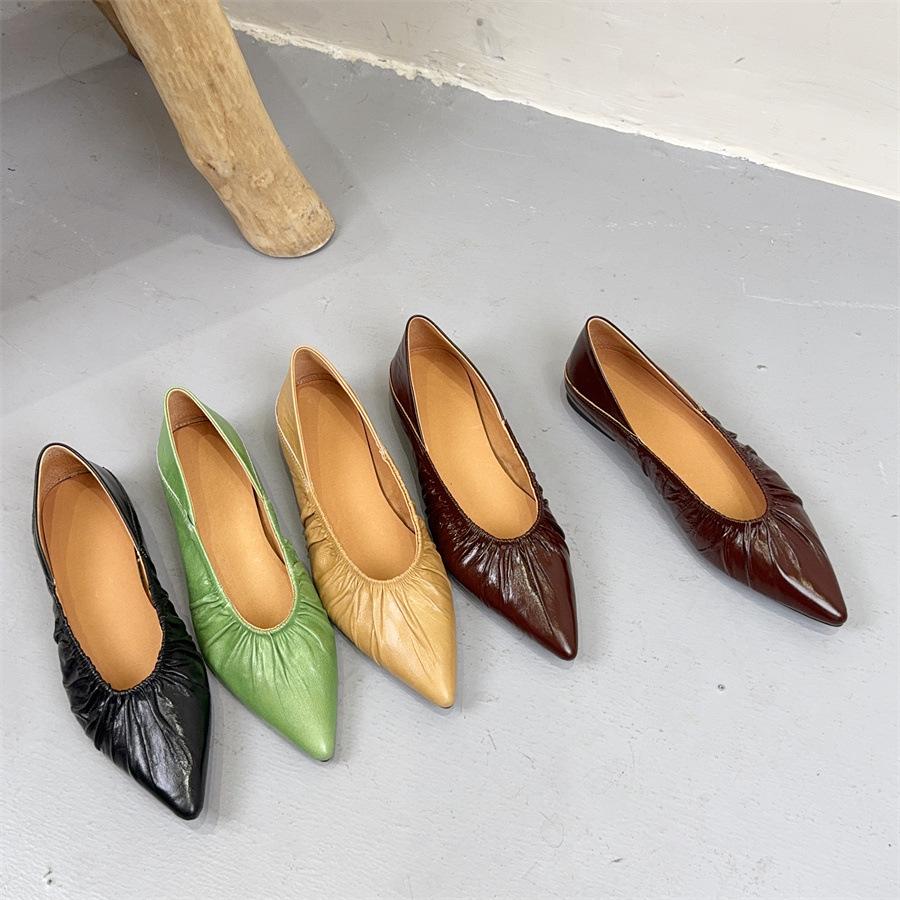 Johnature Faltige Rindsleder Spitzschuh Temperament Damenschuhe Echtes Leder Weiche Sohle Vielseitige flache Schuhe