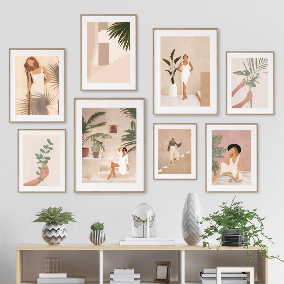 

Bikini Girl Beach Cactus Leaf Vintage Wall Art Painting Nordic Posters and Prints Wall Picture for Living Room