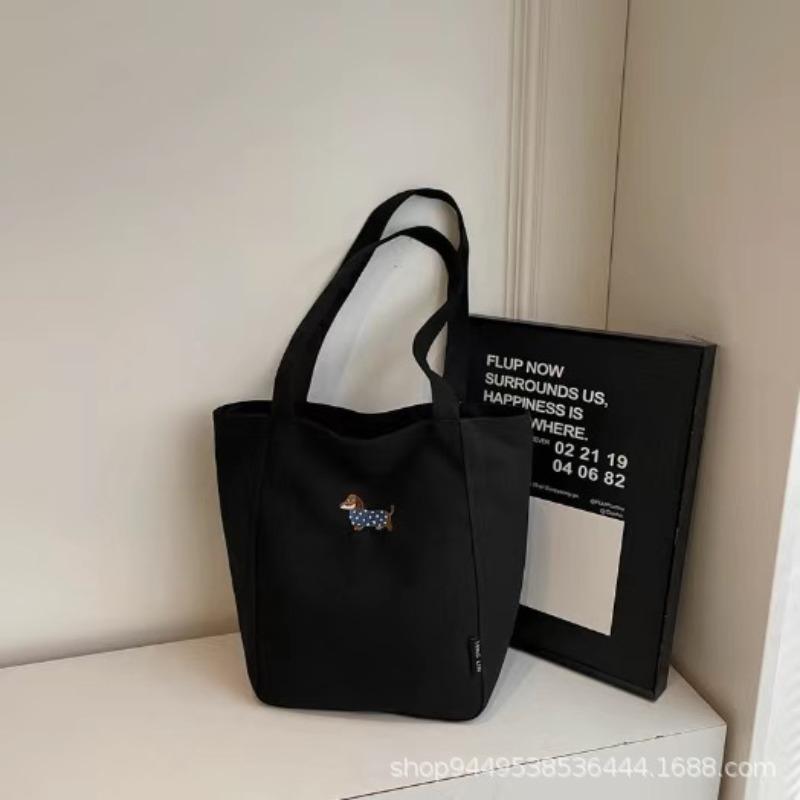 Embroidered Dachshund Canvas Bag Female Large Capacity Student Class Tote Bag Casual Versatile Shoulder Commuter Tote Bag