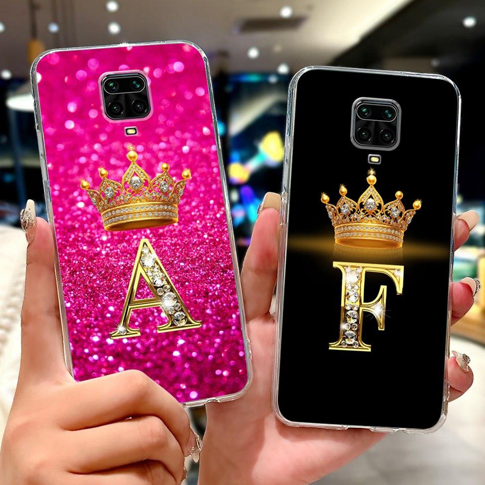 Clear Cover For Xiaomi Redmi Note 9s Case Fashion Luxury A-Z Letters Crown Soft TPU Phone Case M2003J6A1G