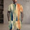 Men Plus Size Dark Blue Printed Round Neck Short Sleeve Top And Shorts Two Piece Set