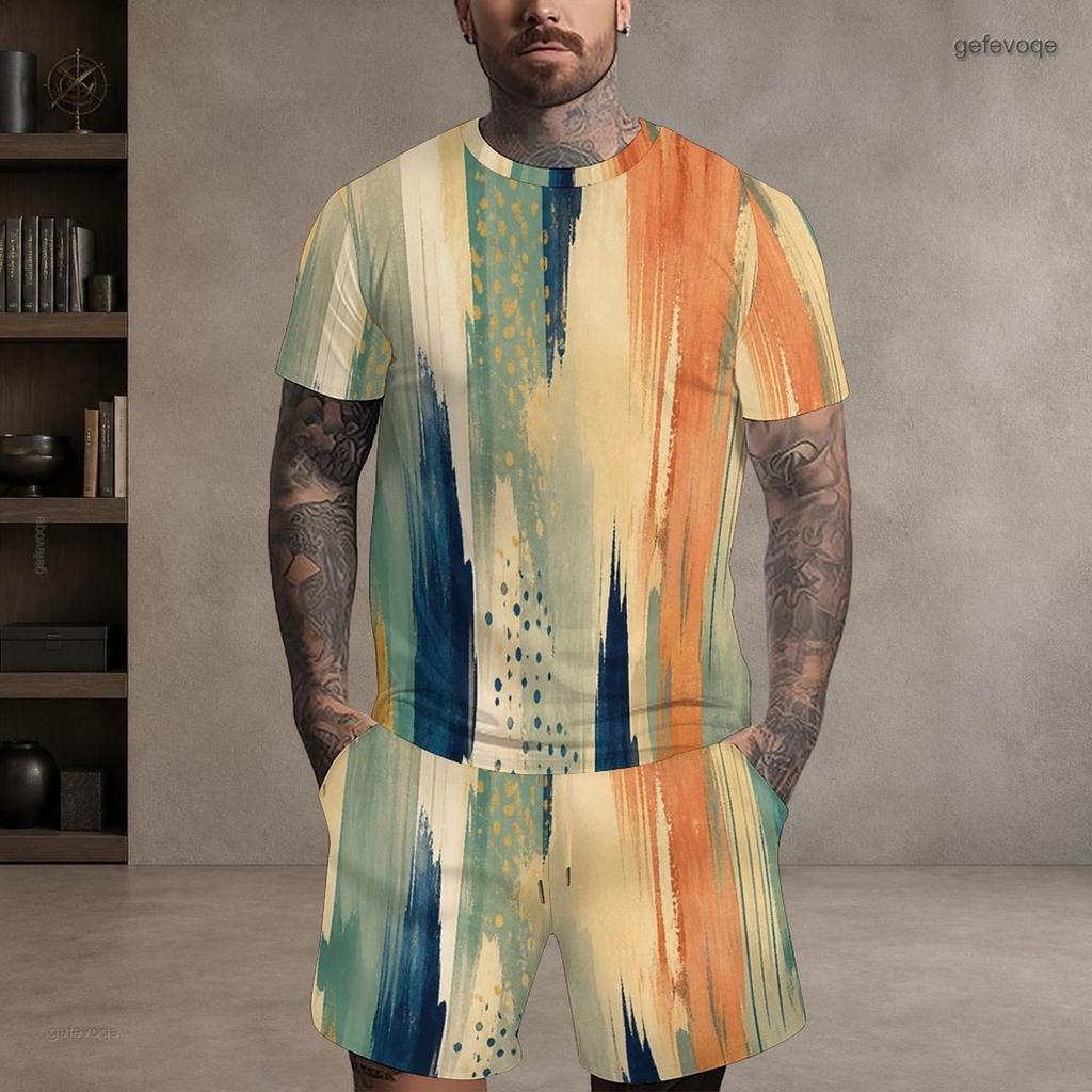 Men Plus Size Dark Blue Printed Round Neck Short Sleeve Top And Shorts Two Piece Set