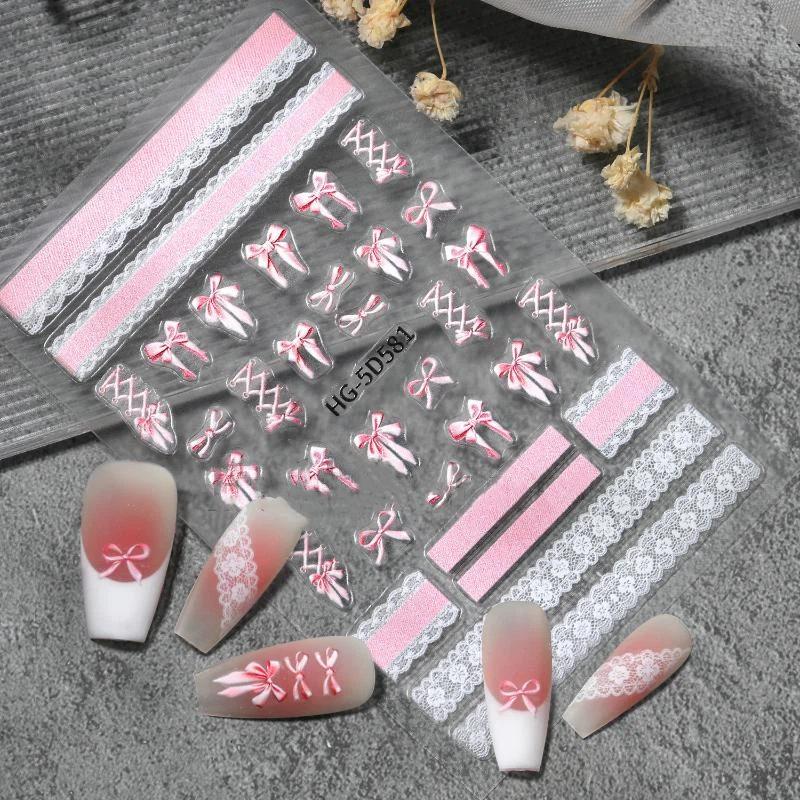 Ballet Bow Lace Nail Art Stickers 5D Embossed Self Adhesive Decals for DIY Manicure and Home Use