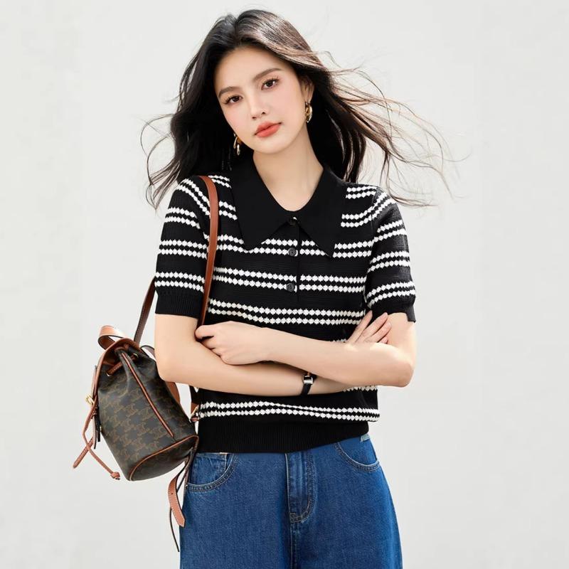 polo collar short sleeve t-shirt women's summer top