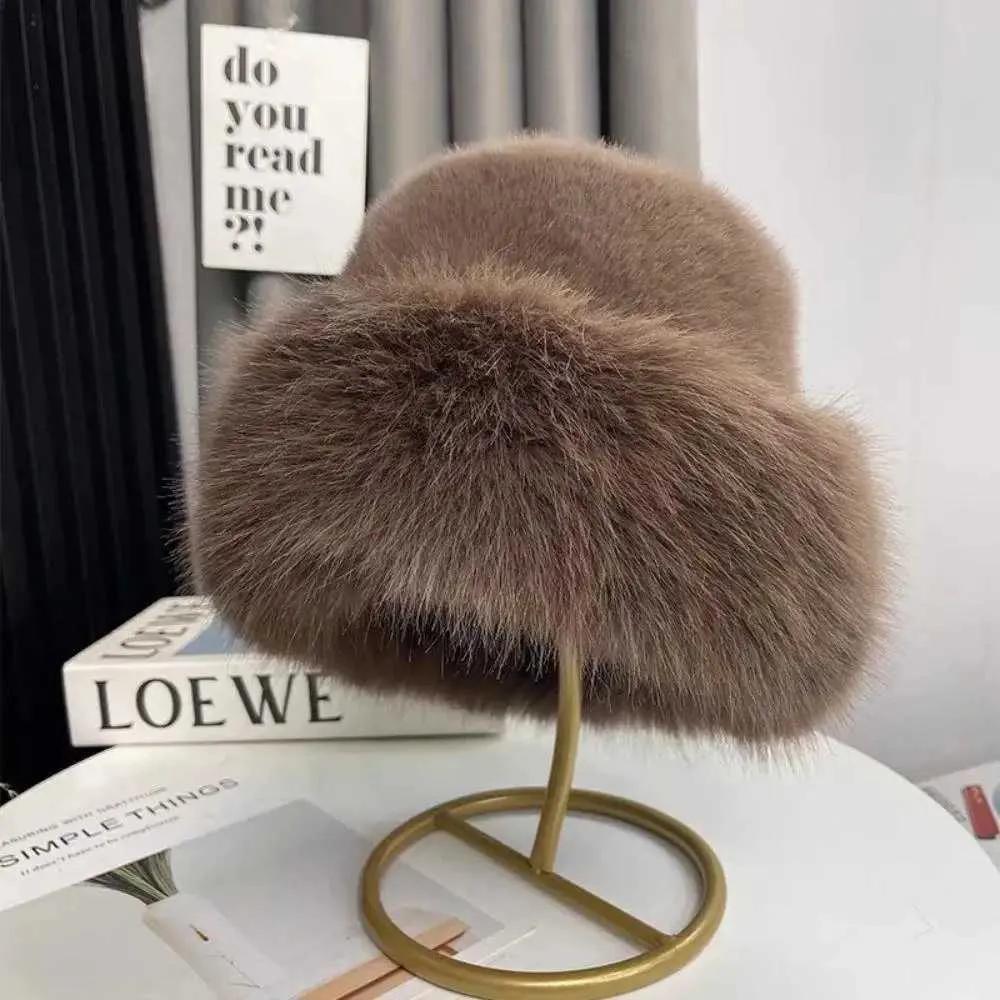 

Natural NewFluffy Fur Fisherman Hat For Women Winter Plush Ear Protection Cap Fashion Winter Hats Windproof Warm Russian Hats Panama Caps L250806 6 1/2