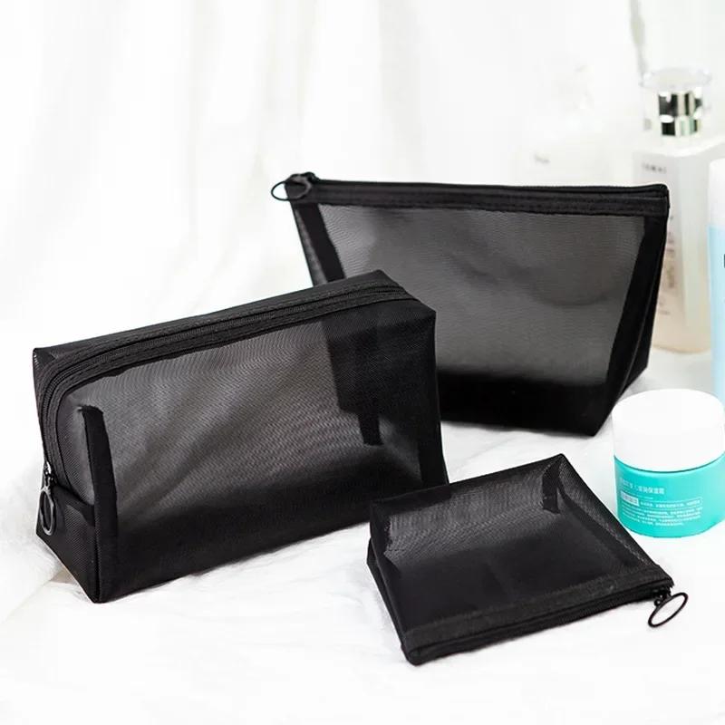 Black Mesh Toiletry Bags for Women Travel Makeup Bag Small Large Case Organizer Cosmetic Cases Toiletries Storage Handbag Pouch