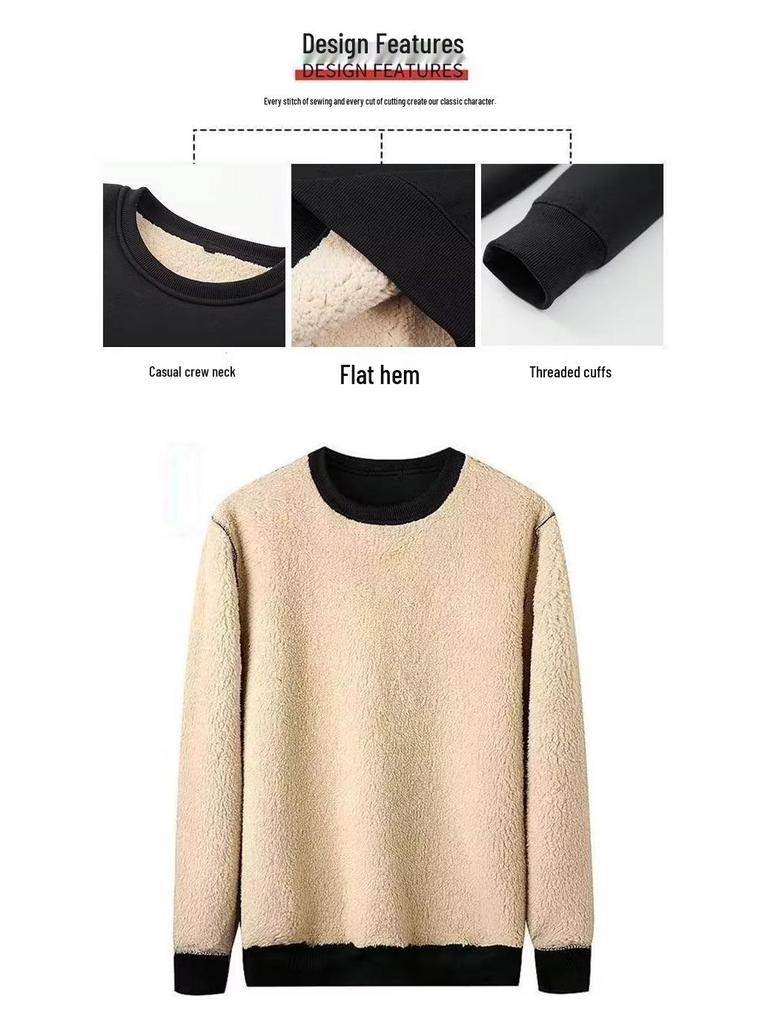 Men's Fleece-Lined Crew Neck Sweatshirt - Loose Fit, Solid Color, Warm Autumn/Winter Wear.