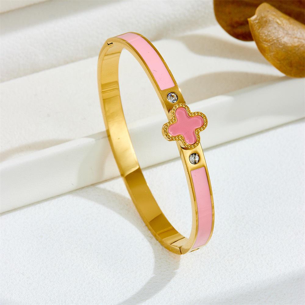 Bransoletka Czterolistna Koniczyna ze Stali Tytanowej i Cyrkonii z Wysokiej Jakości Emalią Epoksydową