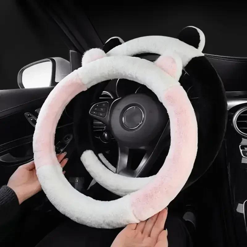 Winter Non-slip Steering Wheel Cover Soft Cute Plush Steering Cover Warm Stretchy Cat Ears Steering Wheel Cover for Car Steering