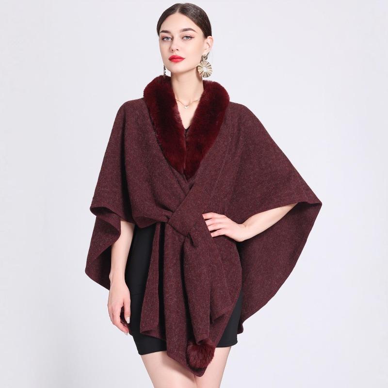 Women Cape Faux Fur Shawl Wrap Poncho with Faux Fur Trim Female Winter Knitted Front Cardigan Shawls Sleeveless Cardigan Cloak Coat for Party