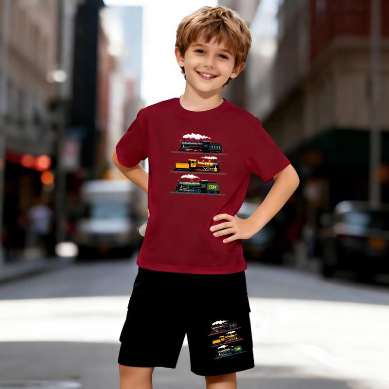 Boys 2 Piece Steam Locomotive Train Print Outfit, Short Sleeve T-Shirt and Shorts Set for Kids Age 5-14, Black and White Sporty Casual Summer Clothes