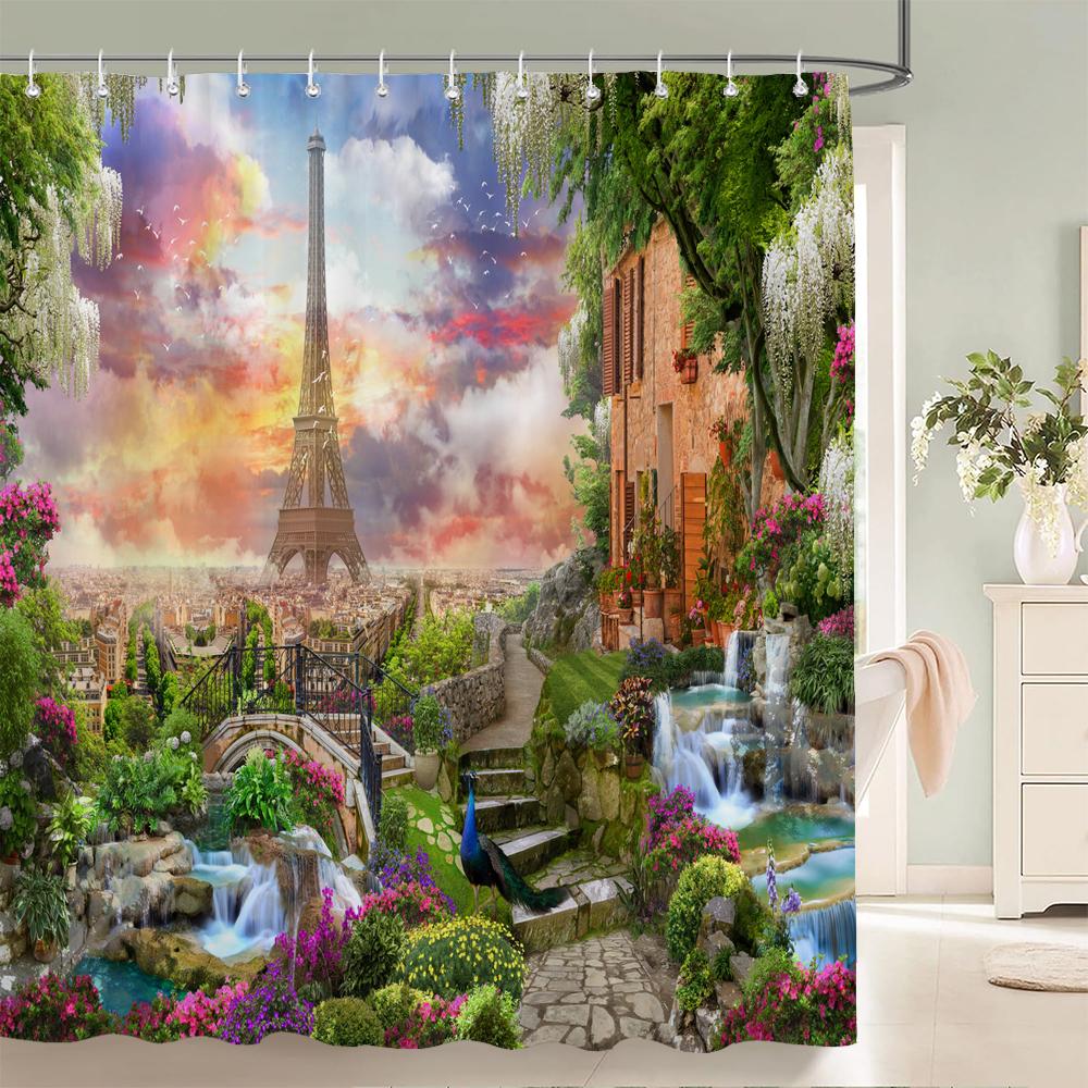 Country Garden Natural Flowers Scenery 3D Print Polyester Fabric Waterproof Shower Curtains Bathroom Curtain 180*200 with Hooks