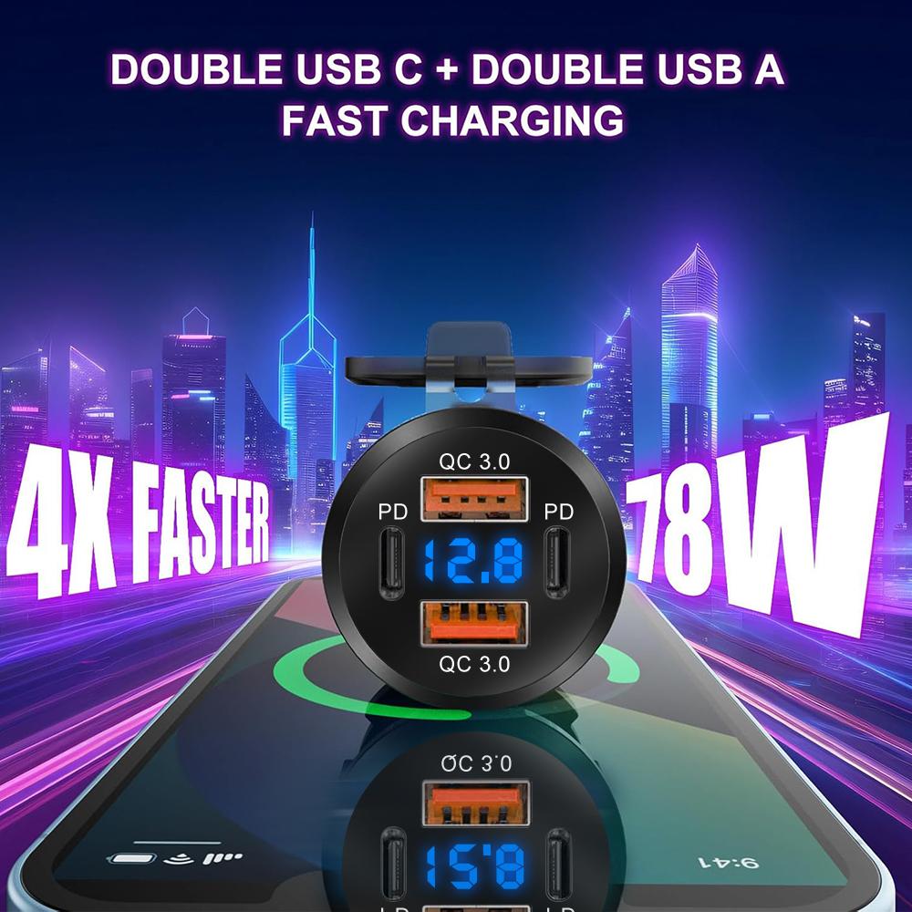 4-Ports USB Quick Chargerwith LED Voltmeter Dual PD And Dual QC3.0 Fast Charge Adapter Waterproof For Car Boat And Motorcycle 12/24V
