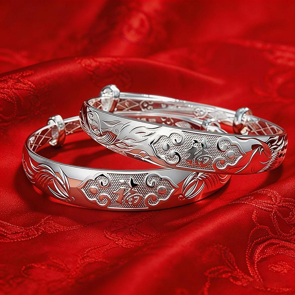 Dragon and Phoenix Fu silver bracelet for women, adjustable, new style with blooming flowers, wrist accessory, new Chinese style, daily wear