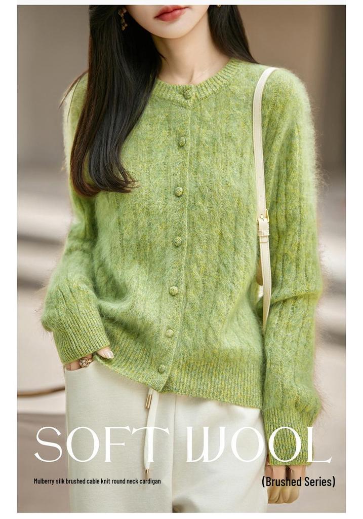 2026 Autumn/Winter Women's Cashmere Wool Cable Knit Cardigan - Brushed Yarn, Round Neck, Long Sleeve Sweater