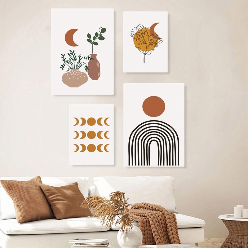 Boho Art Prints Abstract Poster Plant Line Drawing Wall Art Sun Moon Canvas Painting Burnt Orange Living Room Wall Decoration