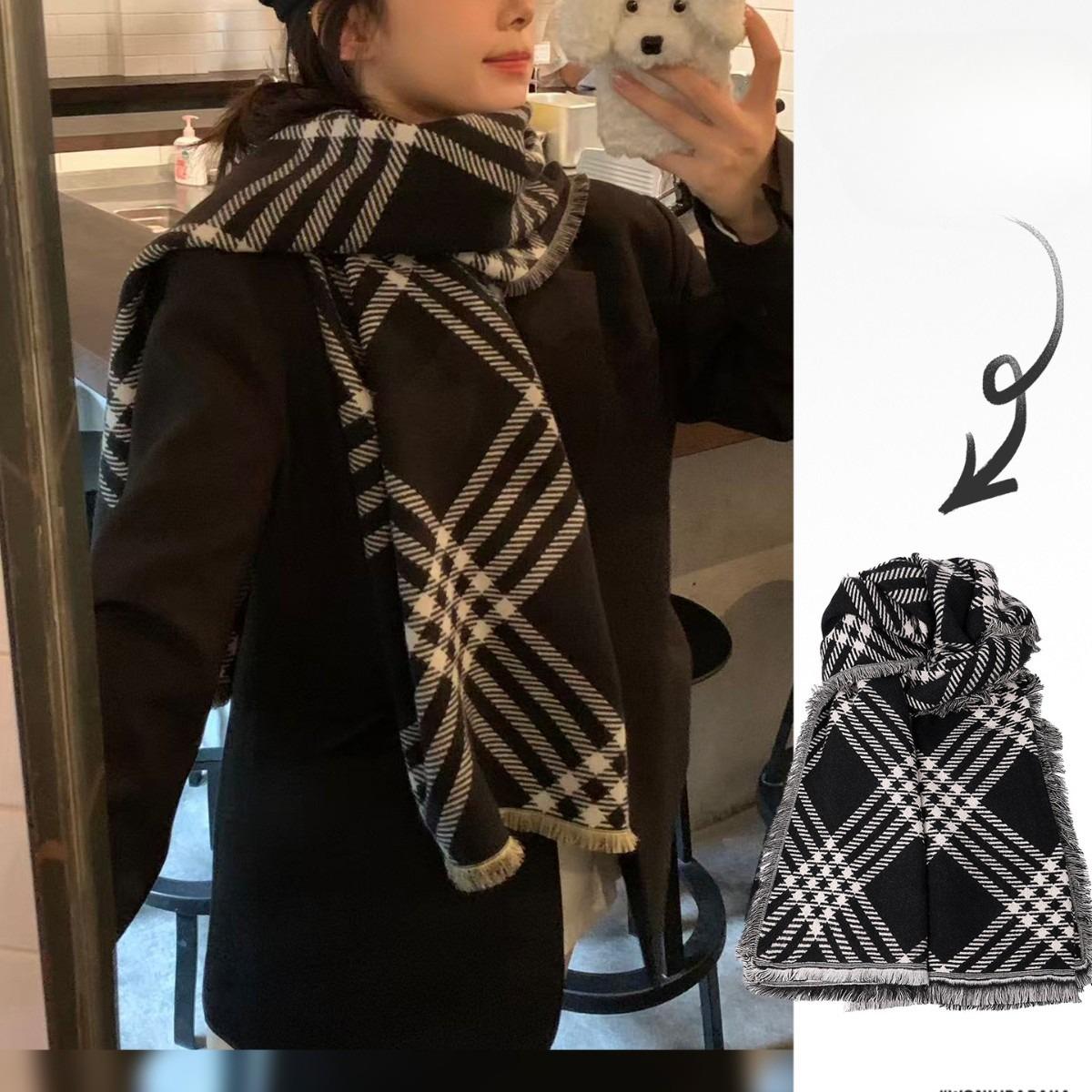 

Korean Style Retro Plaid Scarf for Women New Autumn and Winter Niche Design Cold Proof and Warm Scarf 190*70cm