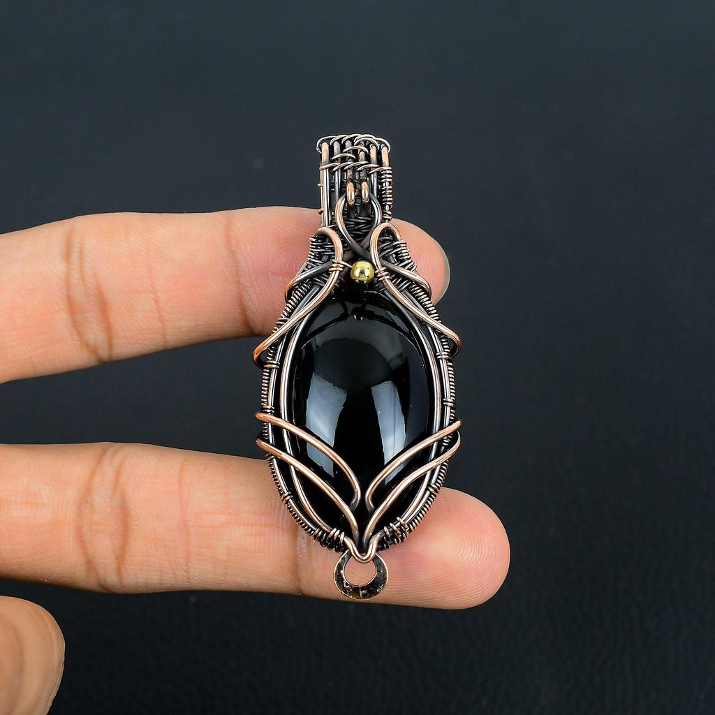 Obsidian Eye 999 Copper Wire Wrapped Pendant, Handmade Gemstone Pendant Jewelry, Gifts For Wife Brand New Pendant
