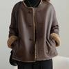 Coat for Women Autumn Winter PU Leather Thickened Faux Shearling Casual Oversize Double Layer Windbreaker Jacket