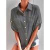 Women Lapel Double Pocket Textured Roll Tab Sleeve Loose Casual Shirt