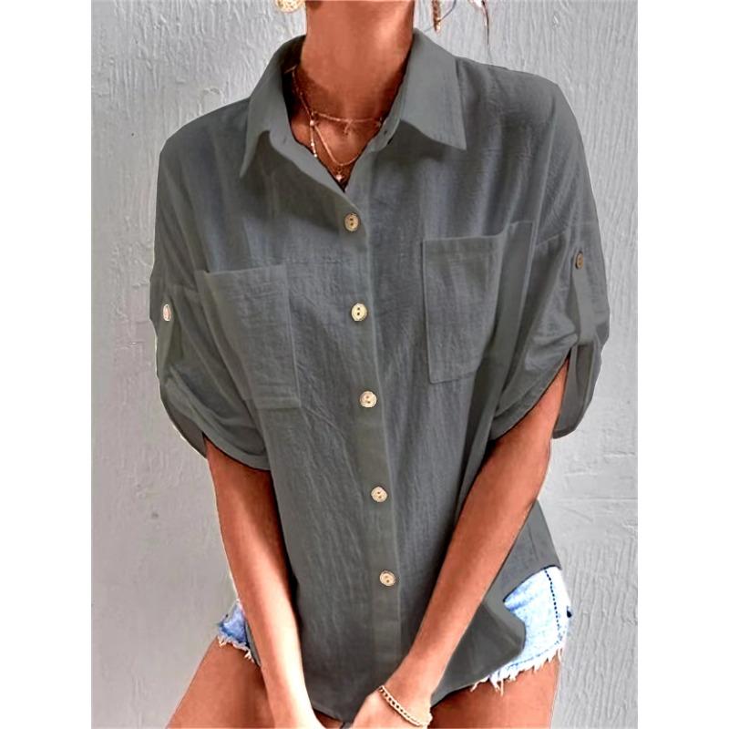 

Новая женская рубашка с рукавами средней длины, карманами и воротником средней длины, из хлопка и льна 3XL серый