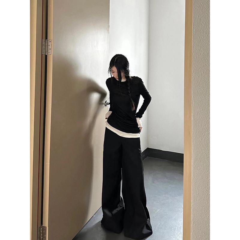 2025 Women's Slim Fit Black Lyocell Faux Two-Piece Long Sleeve T-Shirt