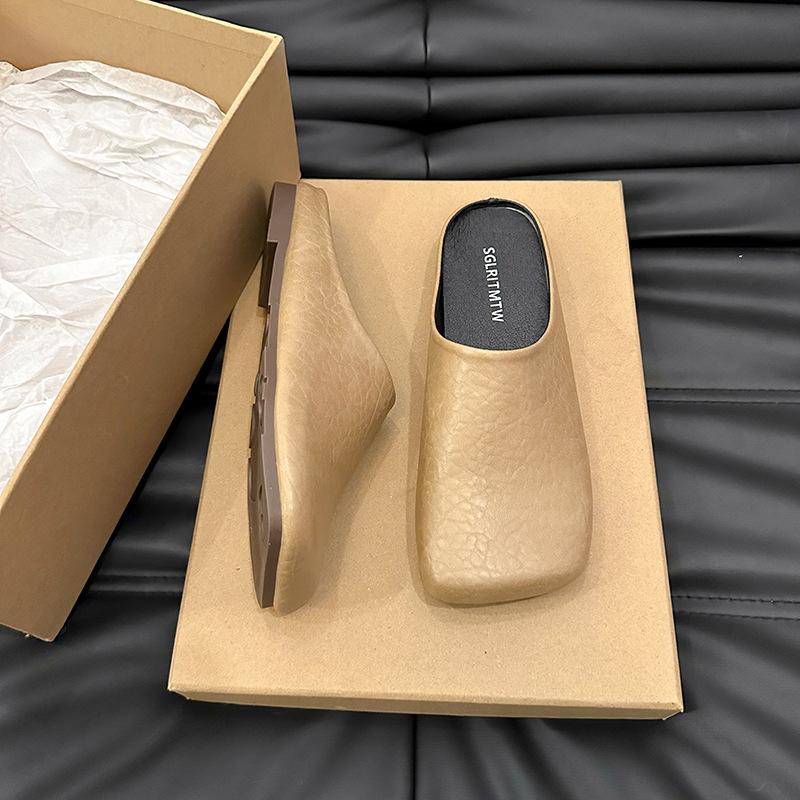 Fashion bag head half slippers women wear flat bottom summer and autumn soft leather non-slip square head one foot lazy shoes